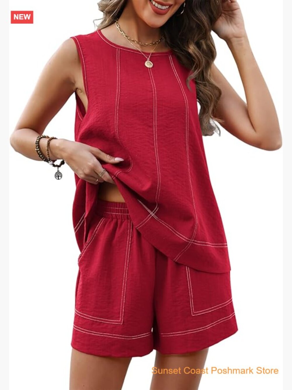 Women's Linen Two Piece Short Set Sleeveless Tank and Elastic Waist Shorts with